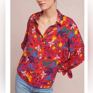 Anthropologie Maeve Red Floral Button Down Shirt with tie sleeves